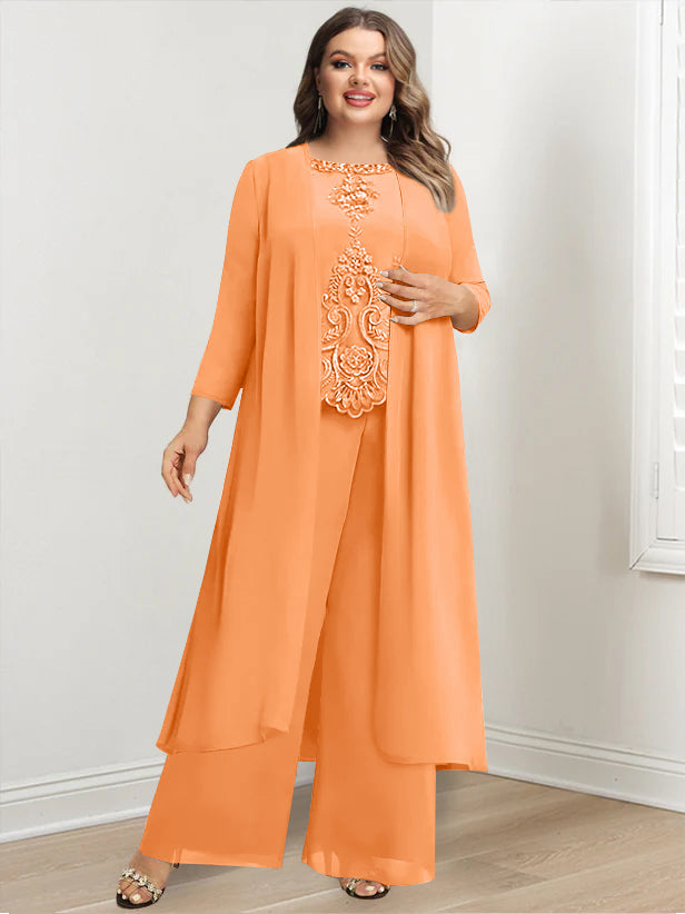 Tailleur-Pantalon en Mousseline de Soie à Col Rond et Longueur Au Sol avec Veste et Appliques pour Mère de la Mariée, Grande Taille