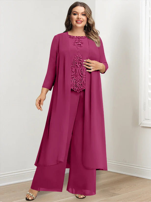 Tailleur-Pantalon en Mousseline de Soie à Col Rond et Longueur Au Sol avec Veste et Appliques pour Mère de la Mariée, Grande Taille