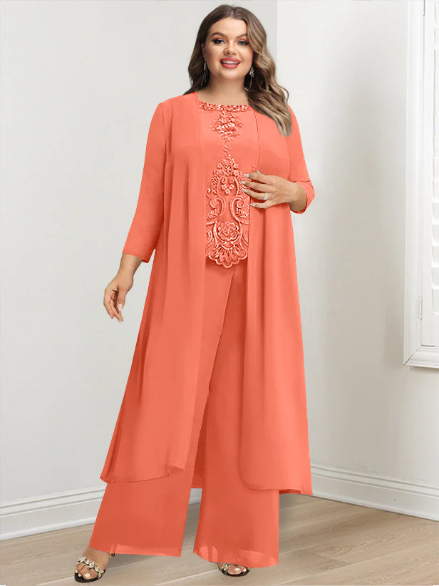 Tailleur-Pantalon en Mousseline de Soie à Col Rond et Longueur Au Sol avec Veste et Appliques pour Mère de la Mariée, Grande Taille
