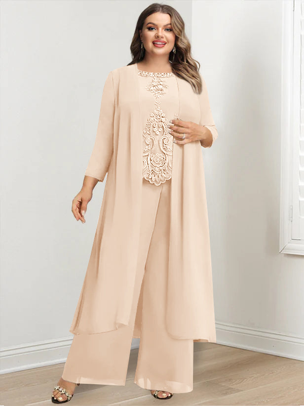 Tailleur-Pantalon en Mousseline de Soie à Col Rond et Longueur Au Sol avec Veste et Appliques pour Mère de la Mariée, Grande Taille
