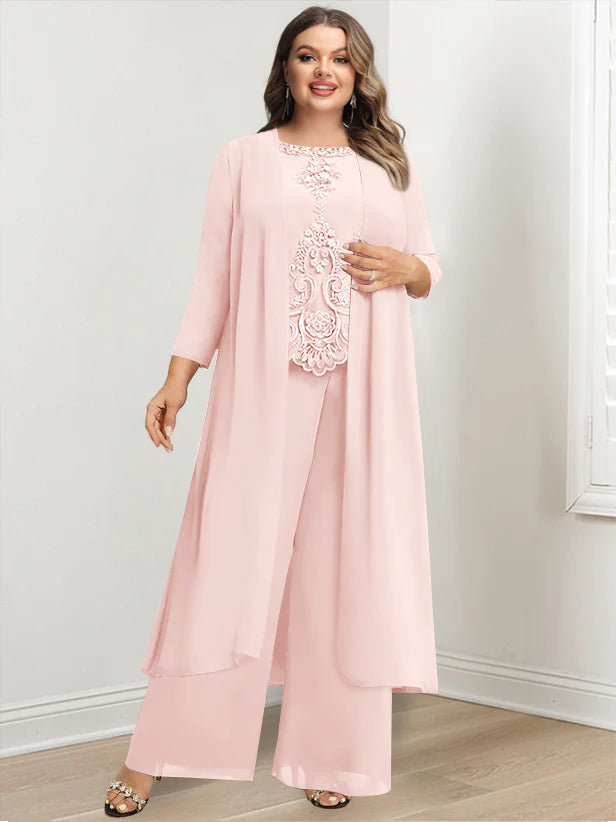 Tailleur-Pantalon en Mousseline de Soie à Col Rond et Longueur Au Sol avec Veste et Appliques pour Mère de la Mariée, Grande Taille