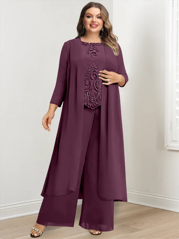 Tailleur-Pantalon en Mousseline de Soie à Col Rond et Longueur Au Sol avec Veste et Appliques pour Mère de la Mariée, Grande Taille
