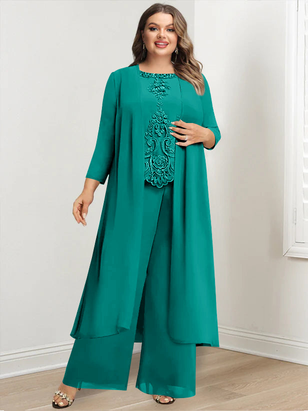 Tailleur-Pantalon en Mousseline de Soie à Col Rond et Longueur Au Sol avec Veste et Appliques pour Mère de la Mariée, Grande Taille