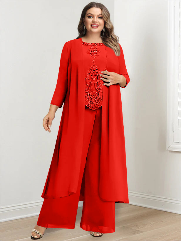 Tailleur-Pantalon en Mousseline de Soie à Col Rond et Longueur Au Sol avec Veste et Appliques pour Mère de la Mariée, Grande Taille