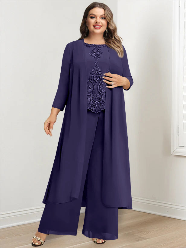 Tailleur-Pantalon en Mousseline de Soie à Col Rond et Longueur Au Sol avec Veste et Appliques pour Mère de la Mariée, Grande Taille