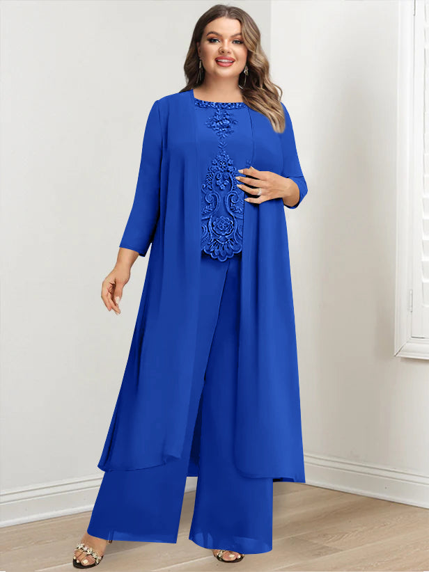Tailleur-Pantalon en Mousseline de Soie à Col Rond et Longueur Au Sol avec Veste et Appliques pour Mère de la Mariée, Grande Taille