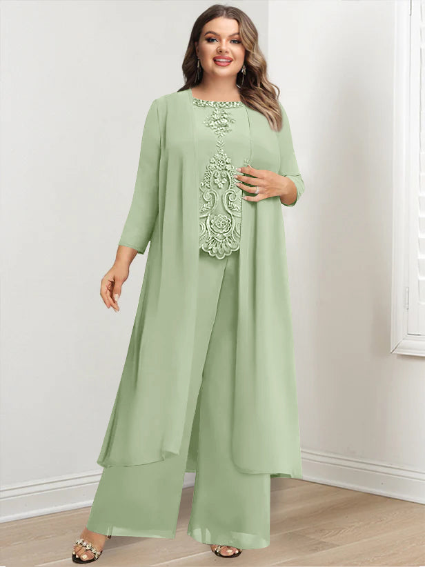 Tailleur-Pantalon en Mousseline de Soie à Col Rond et Longueur Au Sol avec Veste et Appliques pour Mère de la Mariée, Grande Taille