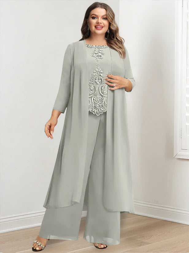 Tailleur-Pantalon en Mousseline de Soie à Col Rond et Longueur Au Sol avec Veste et Appliques pour Mère de la Mariée, Grande Taille