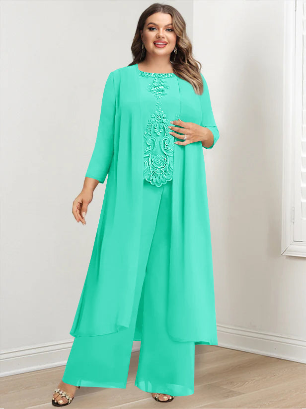Tailleur-Pantalon en Mousseline de Soie à Col Rond et Longueur Au Sol avec Veste et Appliques pour Mère de la Mariée, Grande Taille