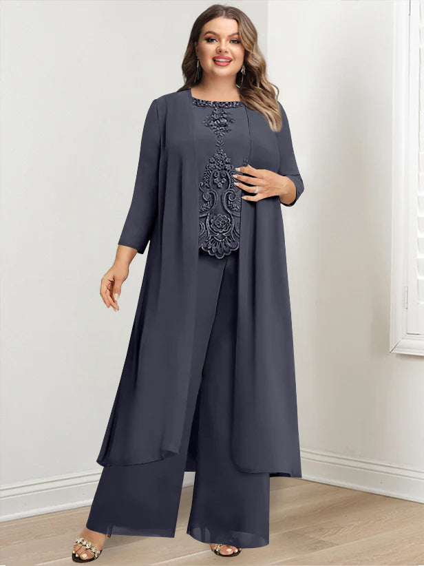 Tailleur-Pantalon en Mousseline de Soie à Col Rond et Longueur Au Sol avec Veste et Appliques pour Mère de la Mariée, Grande Taille