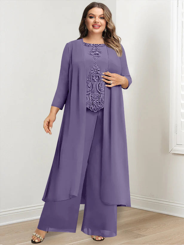 Tailleur-Pantalon en Mousseline de Soie à Col Rond et Longueur Au Sol avec Veste et Appliques pour Mère de la Mariée, Grande Taille
