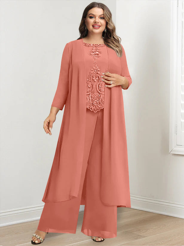 Tailleur-Pantalon en Mousseline de Soie à Col Rond et Longueur Au Sol avec Veste et Appliques pour Mère de la Mariée, Grande Taille