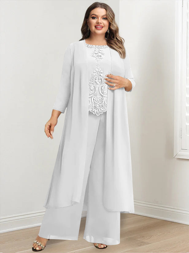 Tailleur-Pantalon en Mousseline de Soie à Col Rond et Longueur Au Sol avec Veste et Appliques pour Mère de la Mariée, Grande Taille