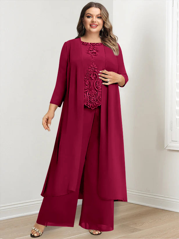 Tailleur-Pantalon en Mousseline de Soie à Col Rond et Longueur Au Sol avec Veste et Appliques pour Mère de la Mariée, Grande Taille