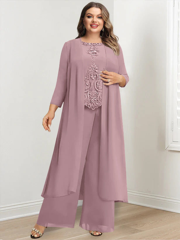 Tailleur-Pantalon en Mousseline de Soie à Col Rond et Longueur Au Sol avec Veste et Appliques pour Mère de la Mariée, Grande Taille