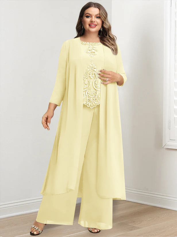 Tailleur-Pantalon en Mousseline de Soie à Col Rond et Longueur Au Sol avec Veste et Appliques pour Mère de la Mariée, Grande Taille