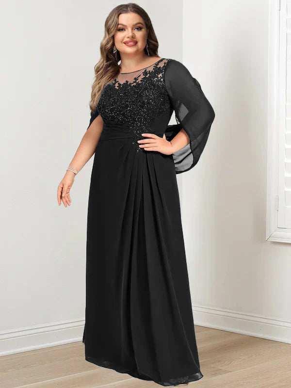 Robe de Mère de la Mariée Grande Taille, Coupe A-Line/Princess, Longueur Au Sol, avec Plis et Paillettes