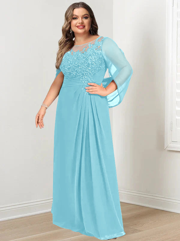 Robe de Mère de la Mariée Grande Taille, Coupe A-Line/Princess, Longueur Au Sol, avec Plis et Paillettes