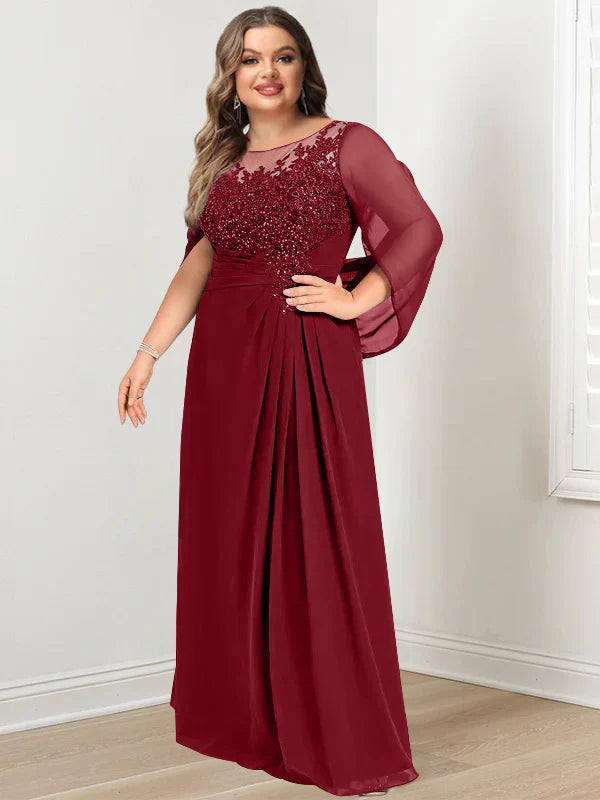 Robe de Mère de la Mariée Grande Taille, Coupe A-Line/Princess, Longueur Au Sol, avec Plis et Paillettes
