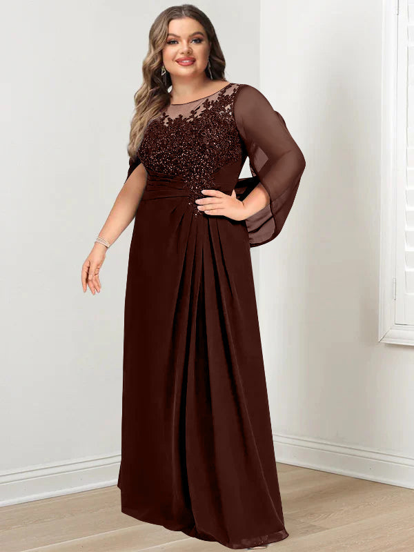 Robe de Mère de la Mariée Grande Taille, Coupe A-Line/Princess, Longueur Au Sol, avec Plis et Paillettes