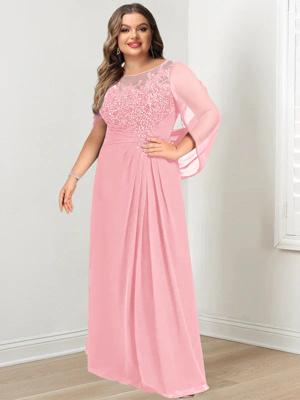 Robe de Mère de la Mariée Grande Taille, Coupe A-Line/Princess, Longueur Au Sol, avec Plis et Paillettes