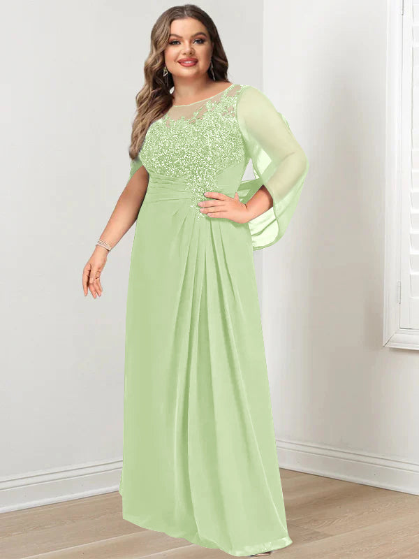 Robe de Mère de la Mariée Grande Taille, Coupe A-Line/Princess, Longueur Au Sol, avec Plis et Paillettes