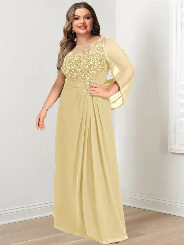 Robe de Mère de la Mariée Grande Taille, Coupe A-Line/Princess, Longueur Au Sol, avec Plis et Paillettes