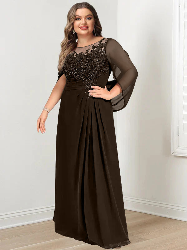 Robe de Mère de la Mariée Grande Taille, Coupe A-Line/Princess, Longueur Au Sol, avec Plis et Paillettes