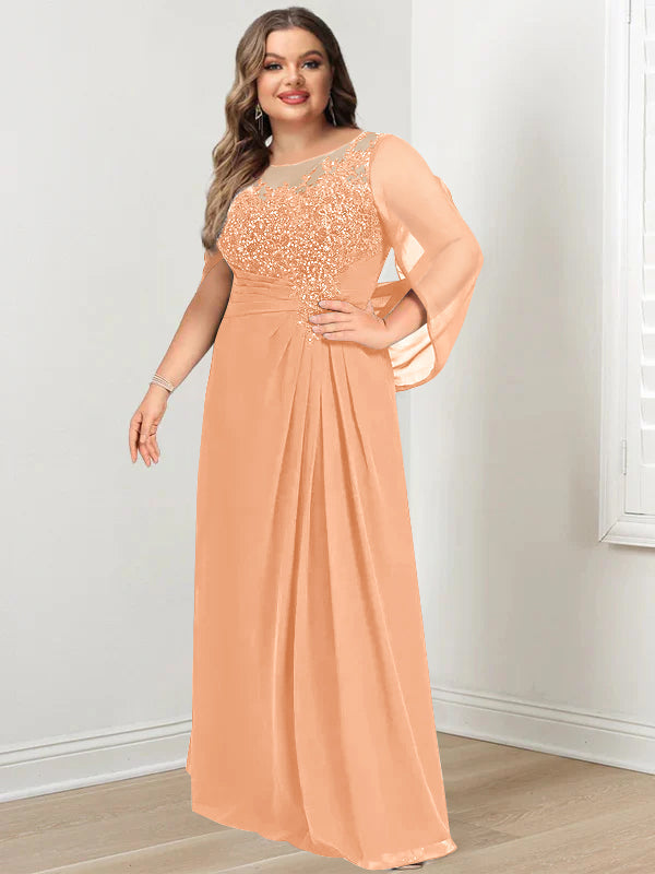 Robe de Mère de la Mariée Grande Taille, Coupe A-Line/Princess, Longueur Au Sol, avec Plis et Paillettes