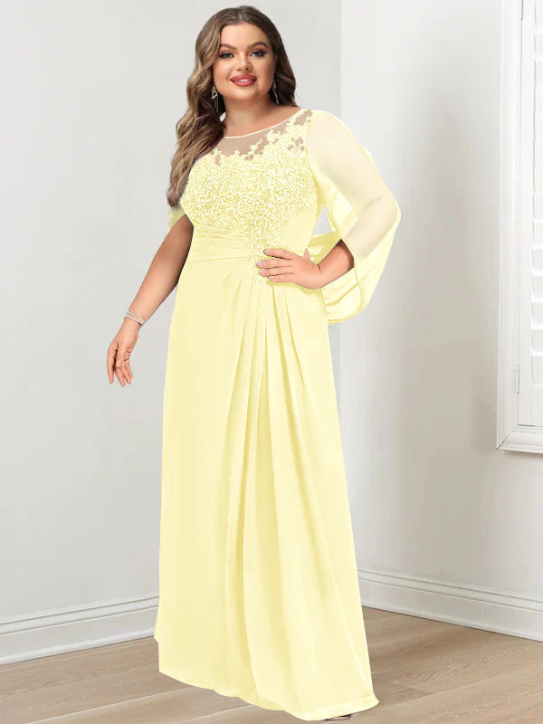 Robe de Mère de la Mariée Grande Taille, Coupe A-Line/Princess, Longueur Au Sol, avec Plis et Paillettes