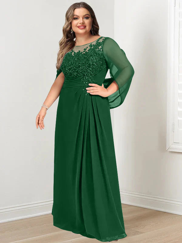 Robe de Mère de la Mariée Grande Taille, Coupe A-Line/Princess, Longueur Au Sol, avec Plis et Paillettes