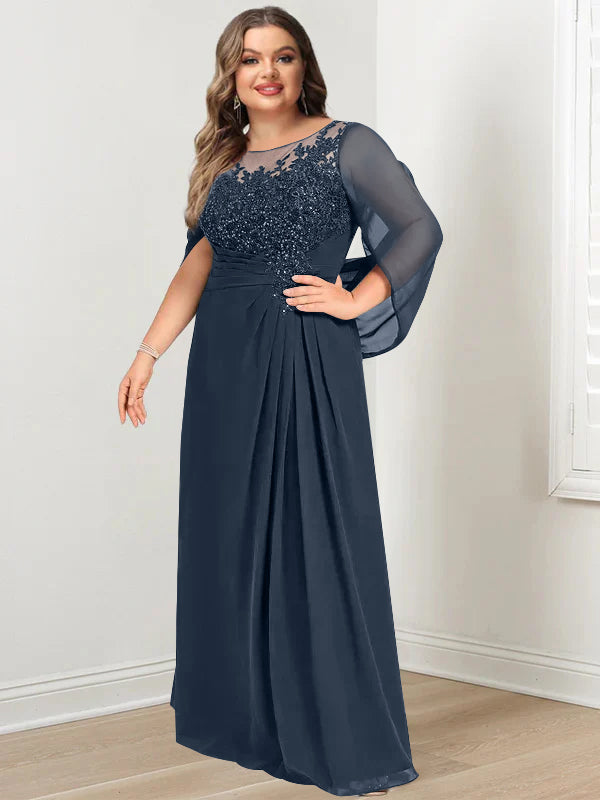 Robe de Mère de la Mariée Grande Taille, Coupe A-Line/Princess, Longueur Au Sol, avec Plis et Paillettes