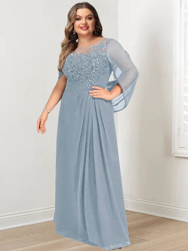 Robe de Mère de la Mariée Grande Taille, Coupe A-Line/Princess, Longueur Au Sol, avec Plis et Paillettes