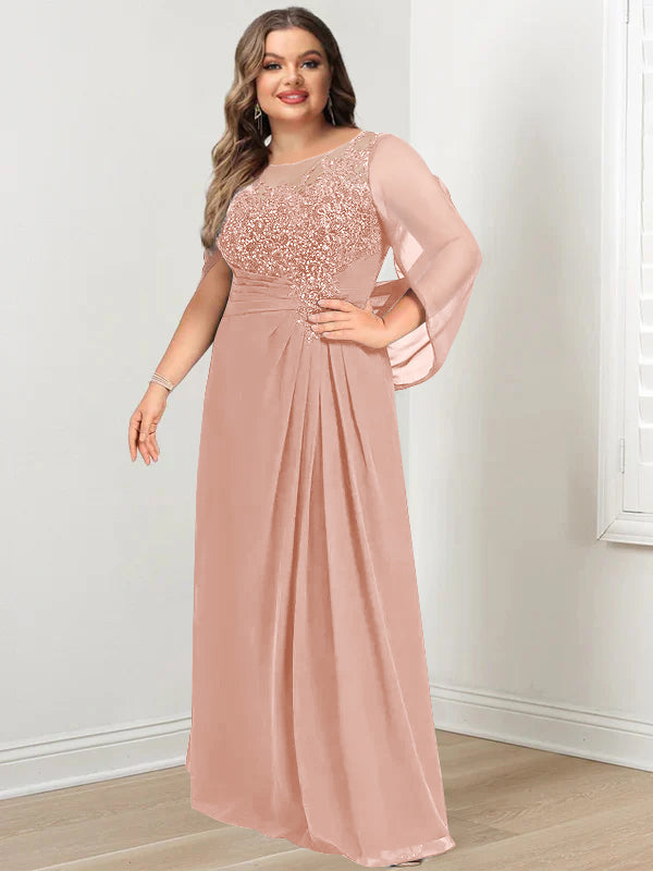 Robe de Mère de la Mariée Grande Taille, Coupe A-Line/Princess, Longueur Au Sol, avec Plis et Paillettes