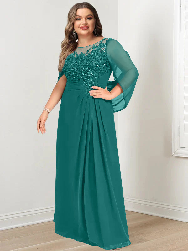 Robe de Mère de la Mariée Grande Taille, Coupe A-Line/Princess, Longueur Au Sol, avec Plis et Paillettes