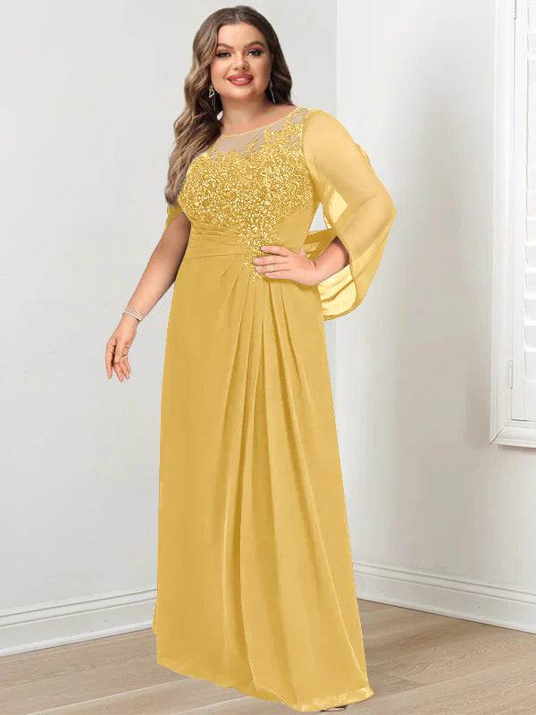 Robe de Mère de la Mariée Grande Taille, Coupe A-Line/Princess, Longueur Au Sol, avec Plis et Paillettes