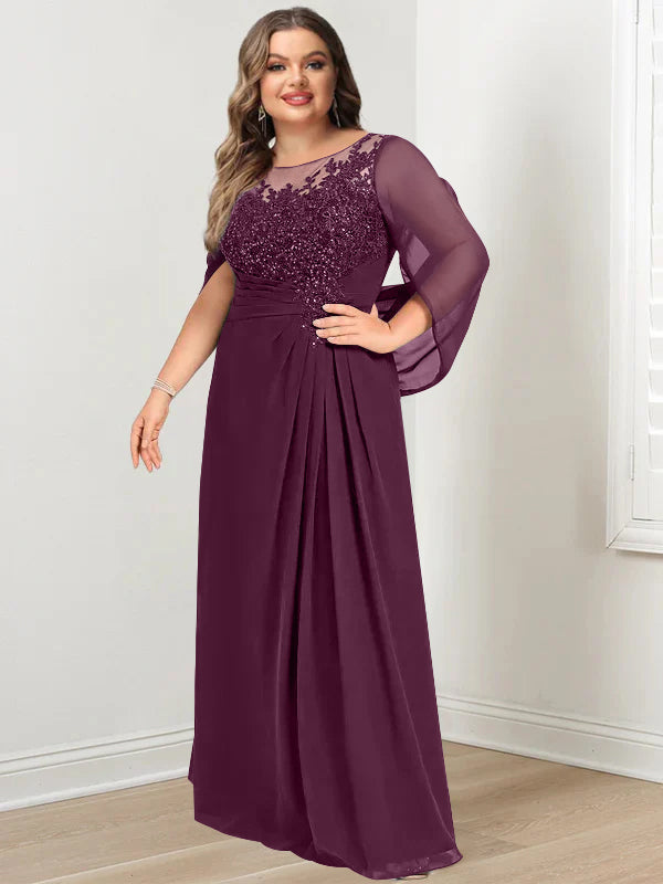 Robe de Mère de la Mariée Grande Taille, Coupe A-Line/Princess, Longueur Au Sol, avec Plis et Paillettes