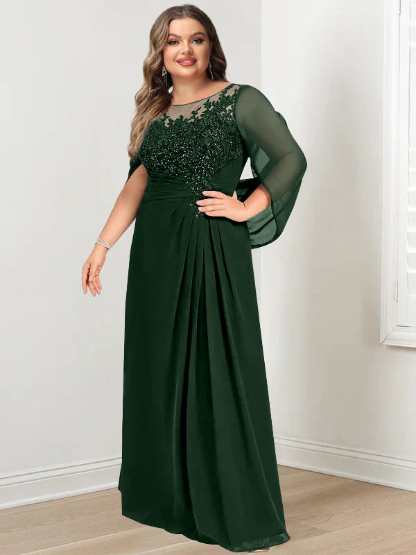 Robe de Mère de la Mariée Grande Taille, Coupe A-Line/Princess, Longueur Au Sol, avec Plis et Paillettes