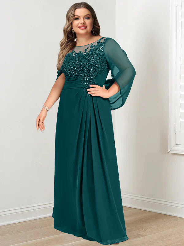 Robe de Mère de la Mariée Grande Taille, Coupe A-Line/Princess, Longueur Au Sol, avec Plis et Paillettes