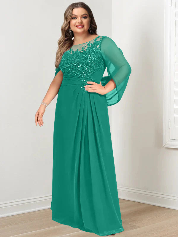 Robe de Mère de la Mariée Grande Taille, Coupe A-Line/Princess, Longueur Au Sol, avec Plis et Paillettes