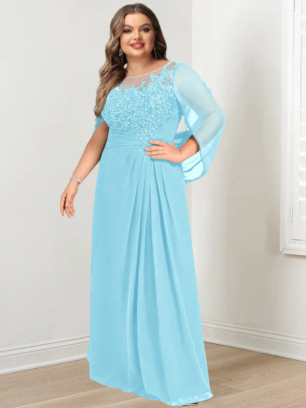 Robe de Mère de la Mariée Grande Taille, Coupe A-Line/Princess, Longueur Au Sol, avec Plis et Paillettes