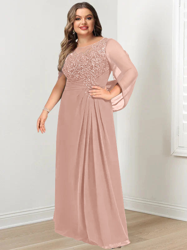 Robe de Mère de la Mariée Grande Taille, Coupe A-Line/Princess, Longueur Au Sol, avec Plis et Paillettes