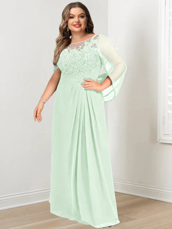 Robe de Mère de la Mariée Grande Taille, Coupe A-Line/Princess, Longueur Au Sol, avec Plis et Paillettes