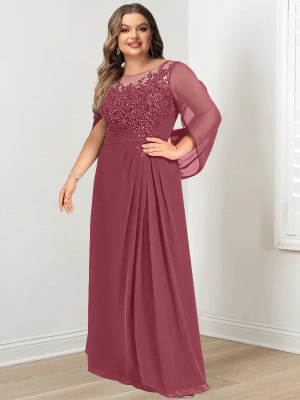 Robe de Mère de la Mariée Grande Taille, Coupe A-Line/Princess, Longueur Au Sol, avec Plis et Paillettes