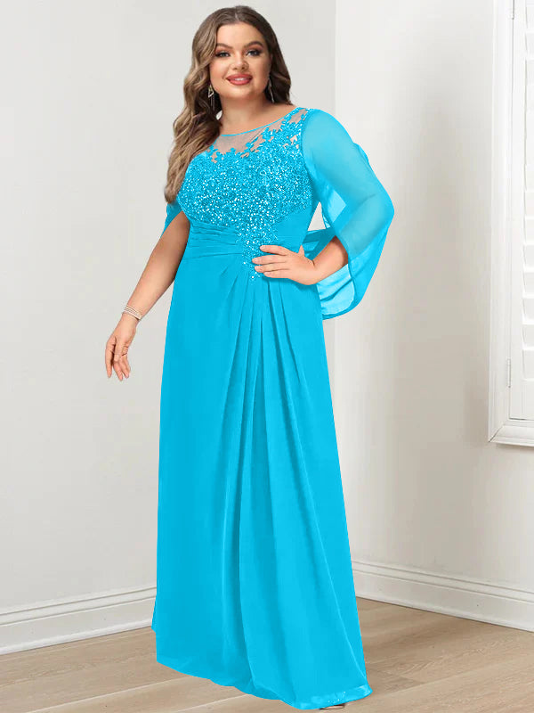 Robe de Mère de la Mariée Grande Taille, Coupe A-Line/Princess, Longueur Au Sol, avec Plis et Paillettes