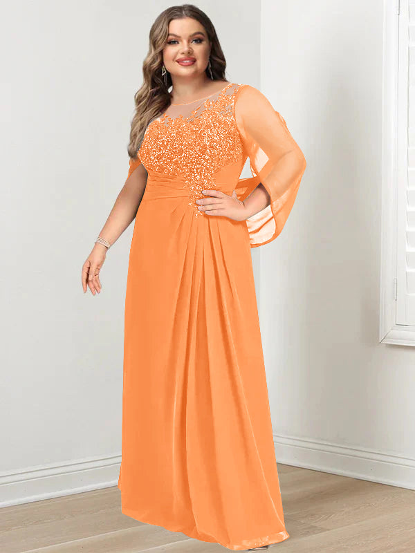 Robe de Mère de la Mariée Grande Taille, Coupe A-Line/Princess, Longueur Au Sol, avec Plis et Paillettes