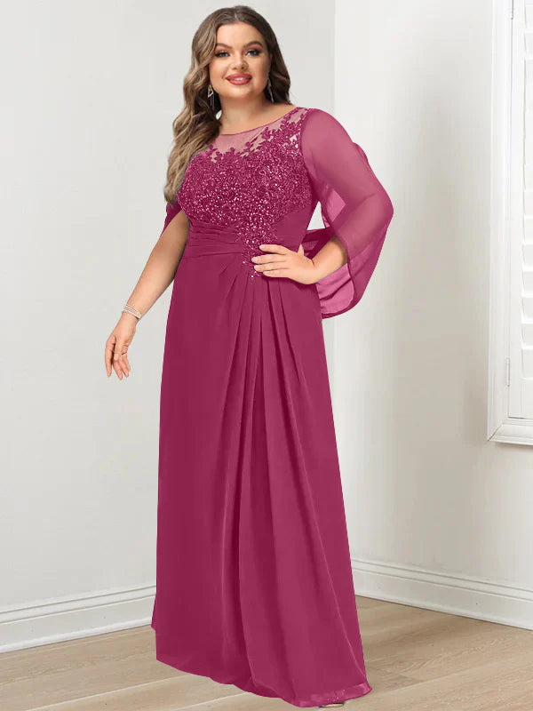 Robe de Mère de la Mariée Grande Taille, Coupe A-Line/Princess, Longueur Au Sol, avec Plis et Paillettes