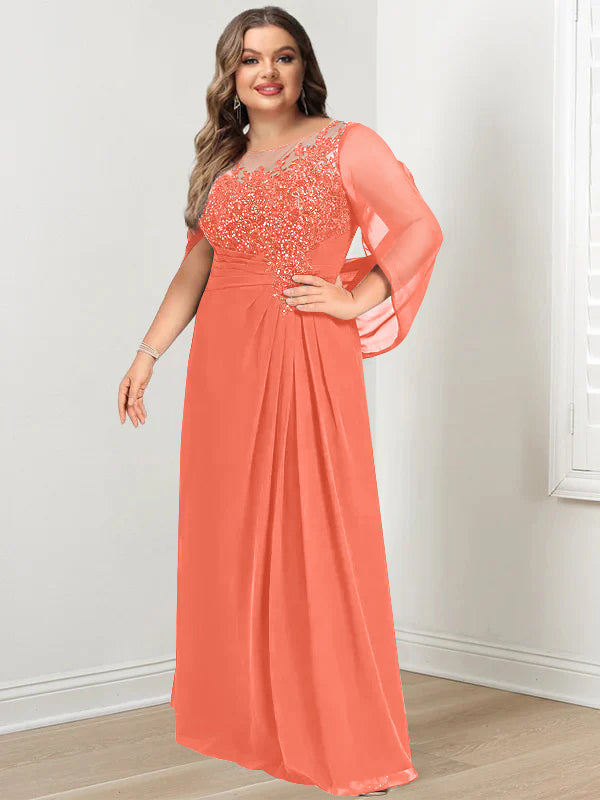 Robe de Mère de la Mariée Grande Taille, Coupe A-Line/Princess, Longueur Au Sol, avec Plis et Paillettes