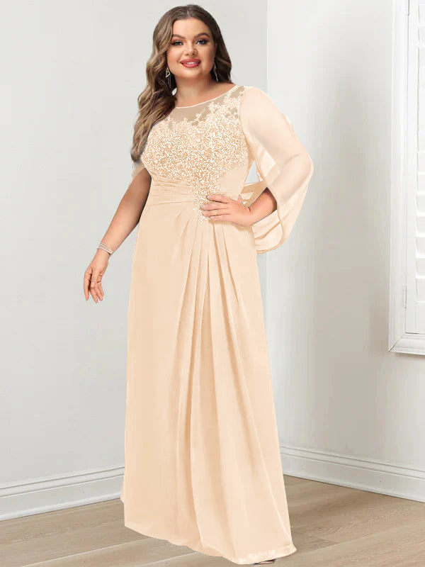 Robe de Mère de la Mariée Grande Taille, Coupe A-Line/Princess, Longueur Au Sol, avec Plis et Paillettes