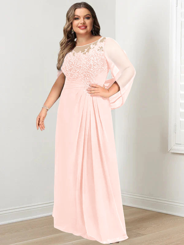 Robe de Mère de la Mariée Grande Taille, Coupe A-Line/Princess, Longueur Au Sol, avec Plis et Paillettes